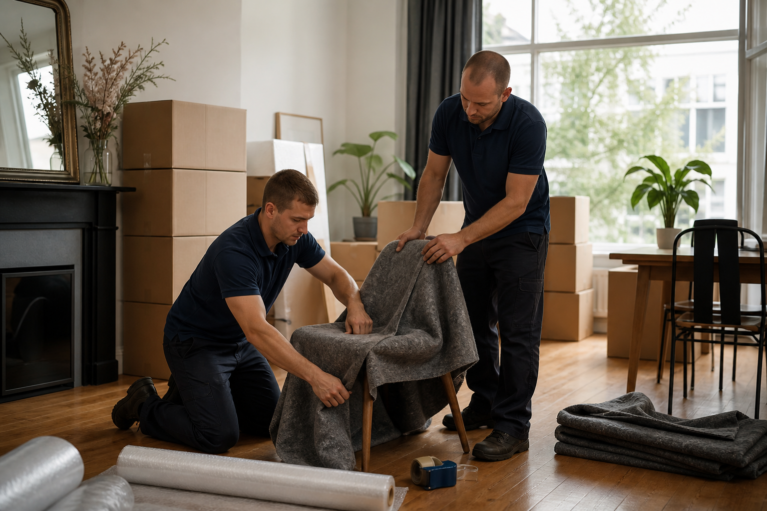 Verhuizers pakken een woonkamer in voor een verhuizing naar Spanje